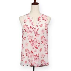 JOIE Aruna Silk Top Sleeveless Split Neck Pink Floral Pleats Women's Size XS